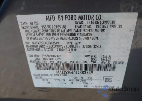 2020 Ford Ecosport Se z USA, uszkodzony, nr VIN MAJ3S2GE4LC383549